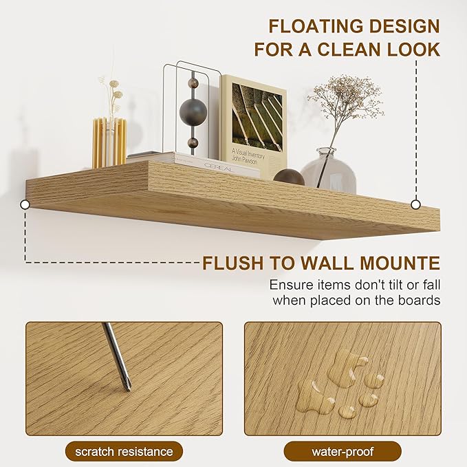 40 Inch Floating Shelves Set of 2, 8 Inch Deep Wall Shelf, Rustic Wood Storage Shelves for Bedroom, Kitchen, Bathroom, Wall-Mounted Shelf with Invisible Brackets for Books|Storage|Decor, Oak