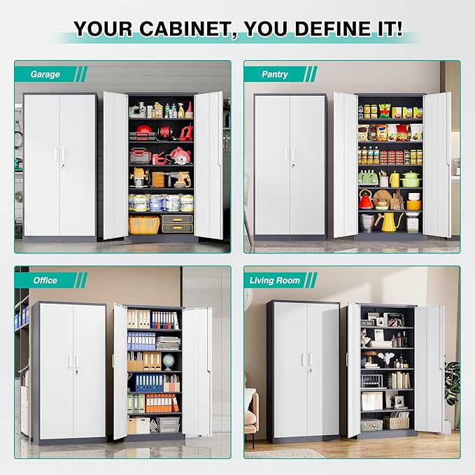 Metal Storage Cabinet with 2 Doors and 6 Shelves,Gray White Metal Cabinet with Lock,71" Lockable Garage Storage Cabinets,Locking File Cabinet,Steel Tool Cabinets for Home,Office,Garage,Shop,School