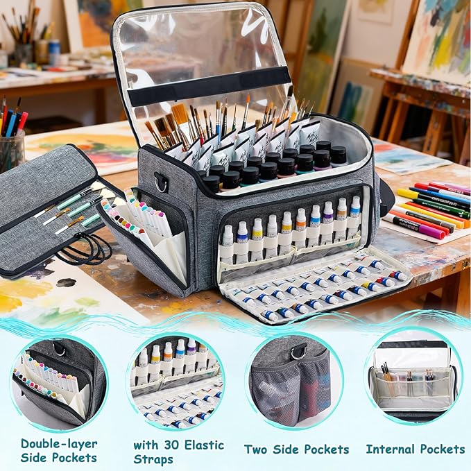 SFYBYHEART Acrylic Paint Organizer Bag with Washable Roll-Up Brush Holder, Large Art Supply Case, Craft Organizer with Foam Inserts for Apple Barrel, Shuttle Art, Caliart Art Supplies Storage Bag