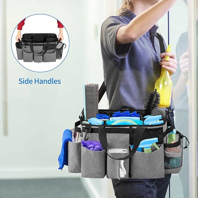 LoDrid Wearable Cleaning Caddy Bag with 4 Foldable Dividers, Cleaning Supply Organizer with Shoulder Strap and Side Handles for Cleaners & Housekeepers, Grey