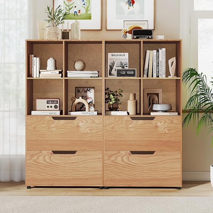 Giantex Bookshelf with 4 Cubes & 2 Drawers, 51” Tall Floor Bookcase with Anti-tip Kits, Freestanding Display Rack Storage Organizer for Study, Living Room, Home Office (2, Natural)