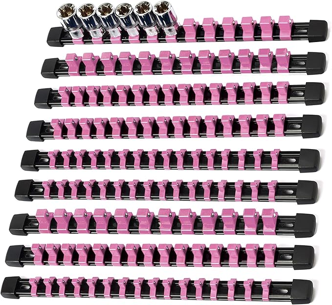Socket Organizer Drive ABS Tools - Pink Socket Holder, Premium Quality 9 Pieces Socket Holders Kit 1/4-Inch x 48 Clips, 3/8-Inch x 45 Clips, 1/2-Inch x 36 Clips