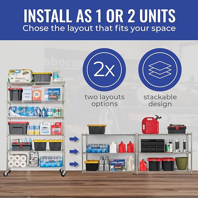 SafeRacks - NSF Certified Storage Shelves, Zinc, Heavy Duty Steel Wire Unit with Wheels and Adjustable Feet, Garage or Bakers Rack, Kitchen, Pantry Shelf - (18"x36"x72" 5-Tier) (Silver)