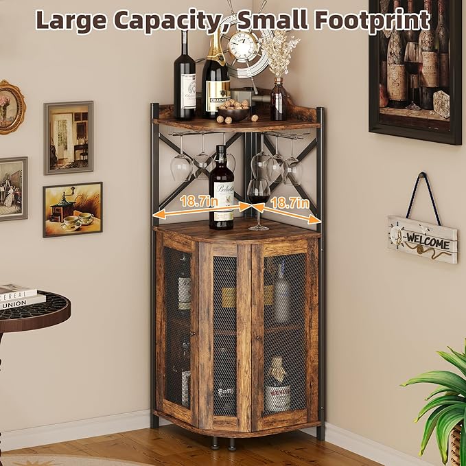 JKsmart Corner Bar Cabinet with Glass Holder,Industrial Wine Cabinet with Mesh Door,4-Tier Wine Cabinet with Open Shelf,Farmhouse Home Bar for Liquor and Wine Storage,Rustic Brown