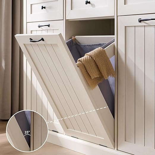 Triple Tilt Out Trash Can Cabinet, 20 Gallon Farmhouse Laundry Hamper Cabinet w/3 Drawers & Adjustable Shelf, Hidden Wooden Trash Can Cabinets with Storage Basket for Kitchen (Antique White)