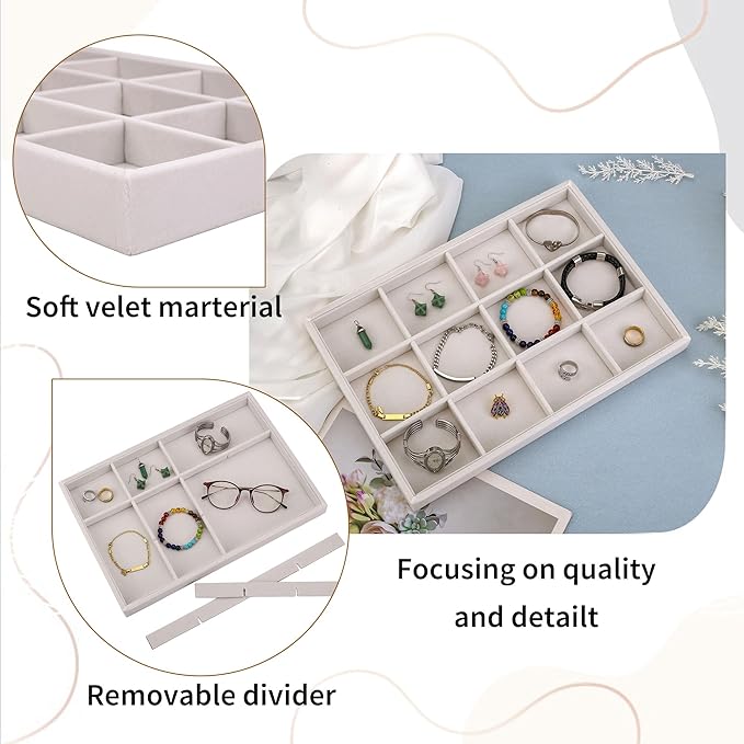 Mornajina 12 Grids Velvet Jewelry Tray Jewelry Display Tray, Stackable Empty Plate Trays for Earrings Necklaces Bracelet Rings Display Showcase - Beige