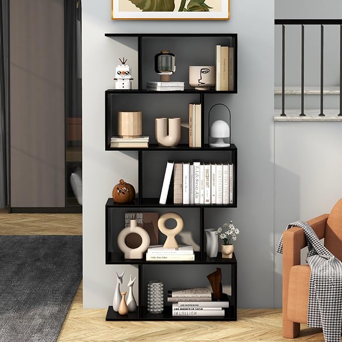 5-Tier Geometric Bookcase, 62.5” Freestanding Room Divider Bookshelf with Open Display Shelves & Anti-tip Device, Wood S-Shaped Storage Organizer for Living Room, Bedroom, Study & Home Office