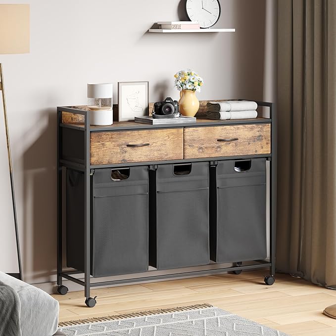 Laundry Hamper baskets 3 Section with 2 Drawers, 150L Laundry Sorter with Wheels Pull-Out Removable Laundry Bags, Rustic Brown and Black