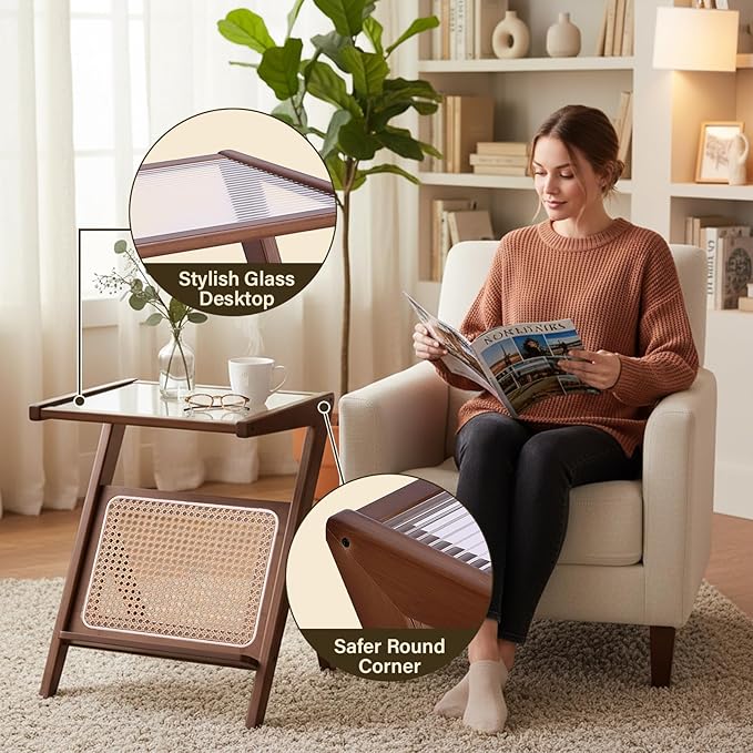 Tiita Rattan Nightstand Side Table, Bamboo Accent Bedside Tables, Glass Coffee Tables, Boho Wooden End Table with Storage for Small Space, Living Room and Bedroom