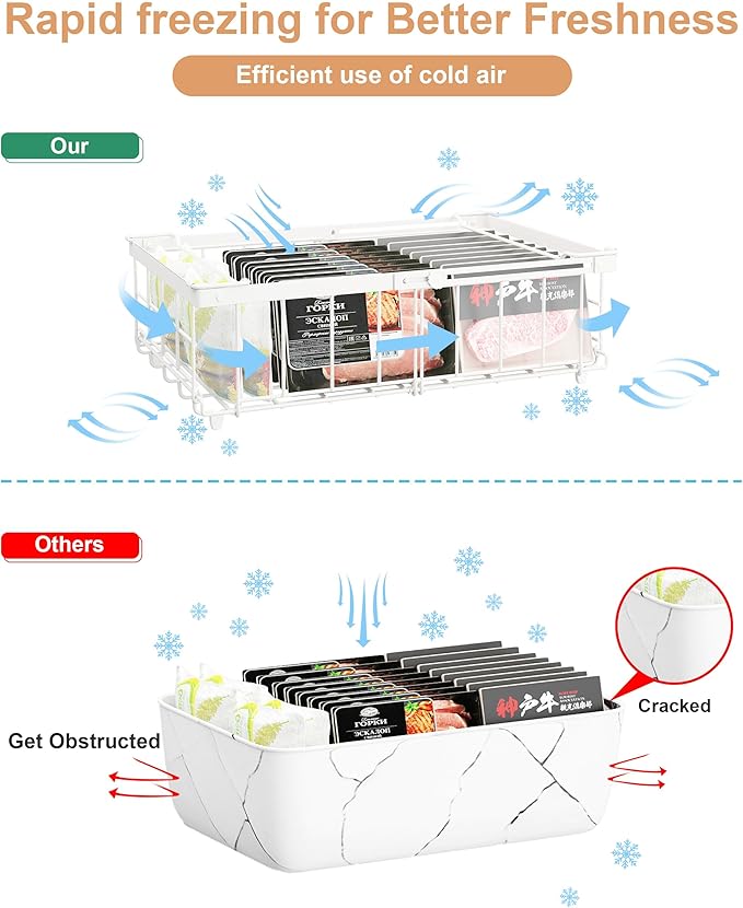 UMDONX 4 Pack Expandable Freezer Organizer Bins Large Freezer organizer Bins Stackable 11.4" Expand to 17.9", Fit 10 to 20 Cu.FT Black