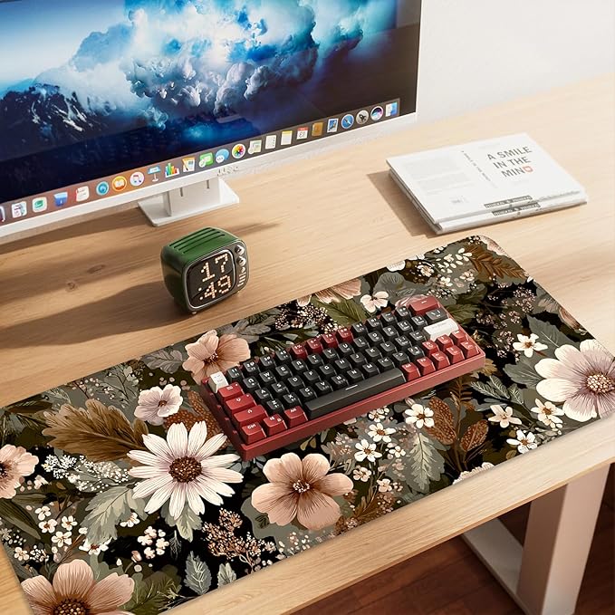 Vintage Beige Floral Mouse Pad – Large Extended Desk Mat 35.43 x 15.75 in – Neutral Retro Botanical Design, Non-Slip Rubber Base, Waterproof Surface, Oversized Keyboard & Mouse Pad for Office or Home