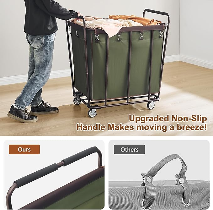 Hoctieon Large Laundry Cart with Wheels, 400L Heavy Duty Laundry Basket Organizer, Rolling Hamper Sorter for Clothes Storage, Industrial Dirty Clothes Hamper for Home & Hotel, Green+Brown