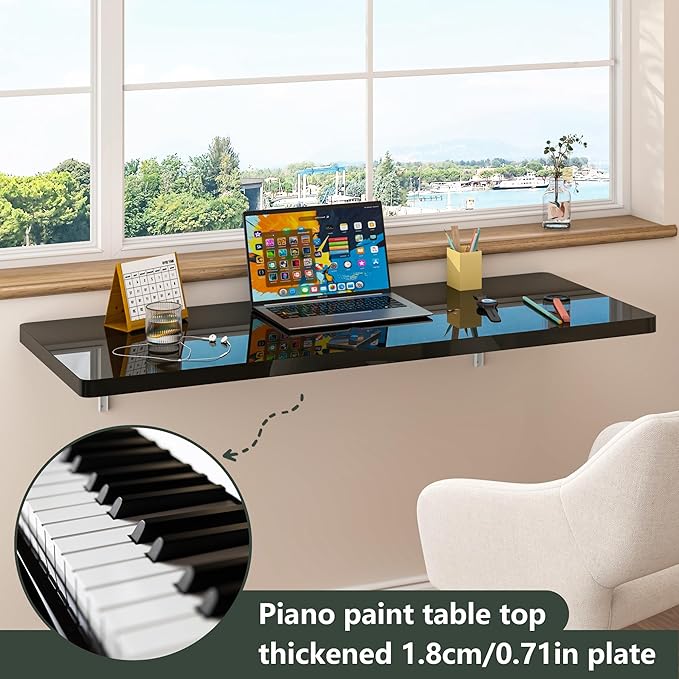 Clikuutory Wall Mounted High Gloss Folding Table, Wall Desk Fold Down for Small Spaces, Folding Workbench for Laundry Room, Home Office, Kitchen, Bedroom, Home Bar, Black (47.2"×19.7")