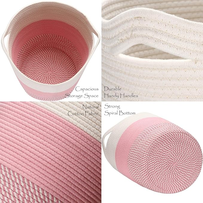 Sea Team Large Size Cotton Rope Woven Storage Basket with Handles, Laundry Hamper, Fabric Bucket, Drum, Clothes Toys Organizer for Kid's Room, 20 x 14 inches, Round Open Design, White & Mottled Pink