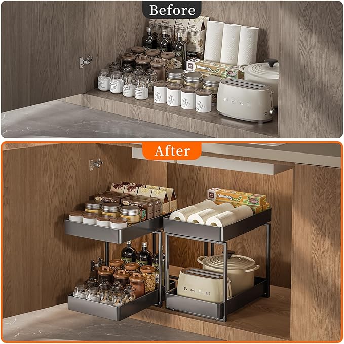 Metal Under Sink Organizerand Storage,2 Tier Pull-Out Cabinet Drawer Shelf Organizer, Bathroom Kitchen Multi-Purpose Under Sink Organizer and Storage Cabinet (Black, 1 PC)