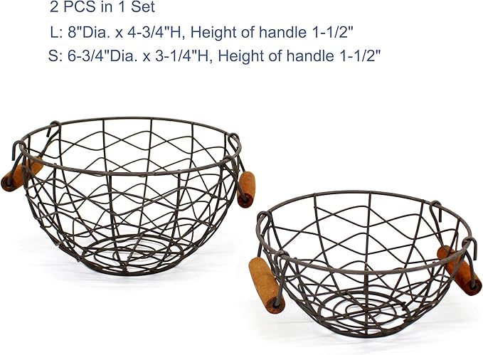CVHOMEDECO. Round Wire Egg Baskets Rustic Fruit Baskets with Wooden Handles Primitives Vintage Collecting Basket. Rusty, Set of 2
