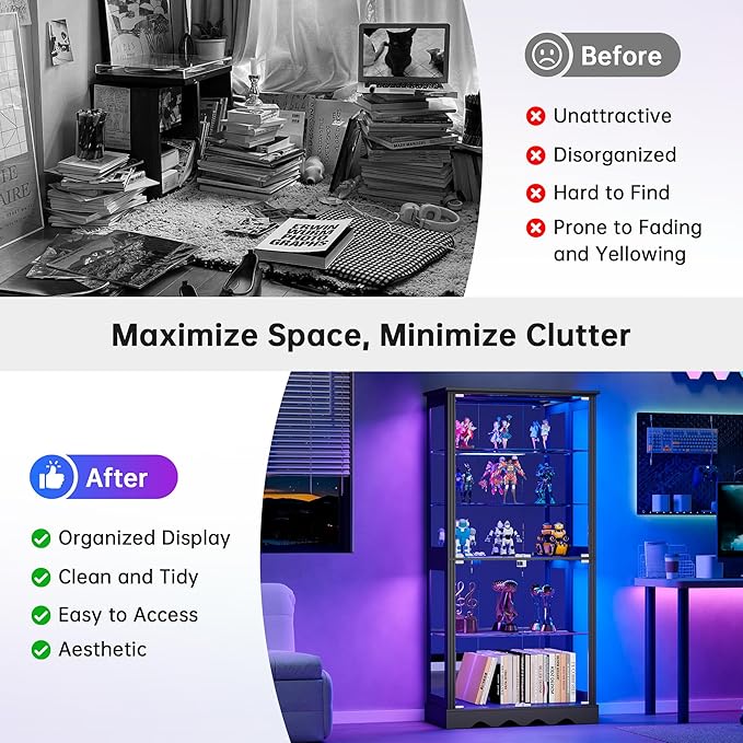 Display Cabinet with Glass Doors, 71'' Tall Curio Cabinet with RGB Lights for Collectibles, LED Display Case with Removable Shelf for Book/Medal/Figure, Black
