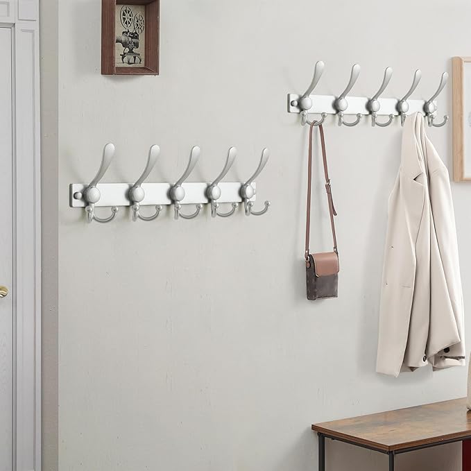 Dseap Coat Rack Wall Mount 2.0 Pro: Heavy Duty 300% Thicker, 16" Stud Mount, Stainless Steel Wall Coat Hooks Hanger for Clothes Jackets Hats Entryway Closet, MaxStrong Series, Silver