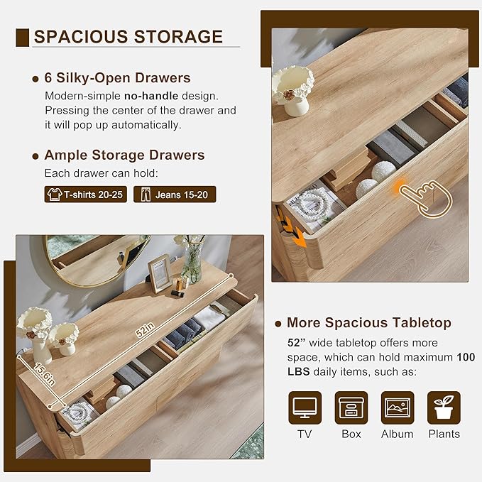 ACCOHOHO Modern 6 Drawer Dresser for Bedroom, 52" Wide Wooden Dressers with Large Storage,Handleless Chest of Drawers TV Stand for Living Room & Hallway, Curved Profile Design,Natural Oak