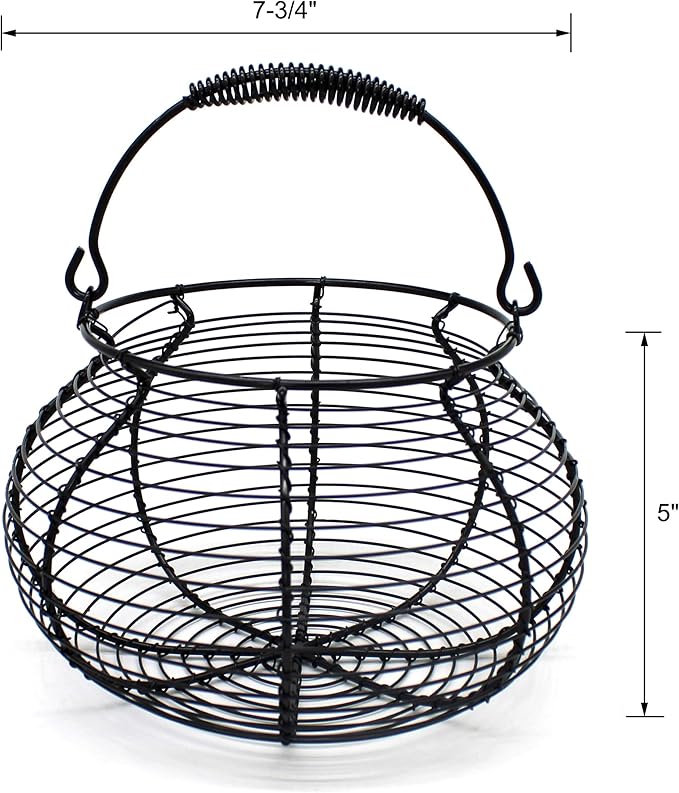 CVHOMEDECO. Elegant Wire Egg Basket with swimming Handle Primitives Vintage Gathering Basket. Black