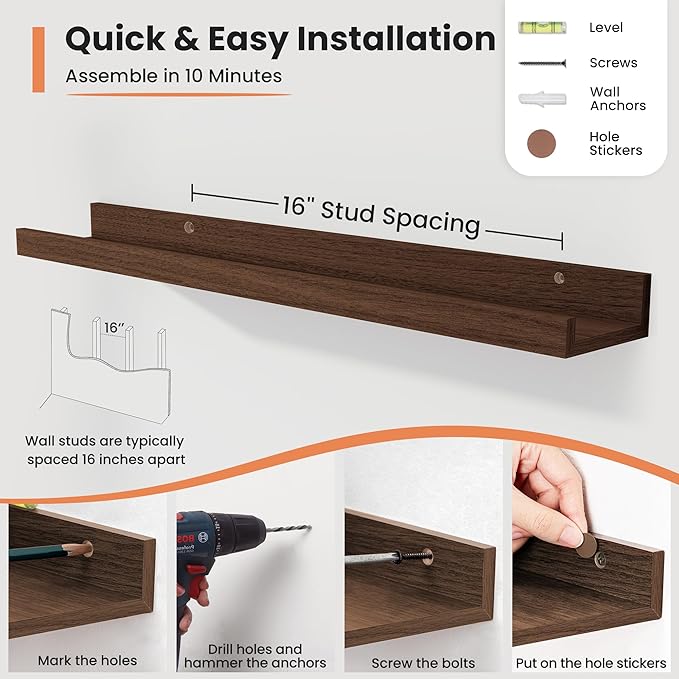 Fun Memories Picture Ledge Shelf, 24 Inch Long Floating Shelves Set of 6, Picture Shelf for Wall with Lip, Large Nursery Book Shelves for Storage, Wall Shelves for Living Room Bedroom Kitchen, Walnut