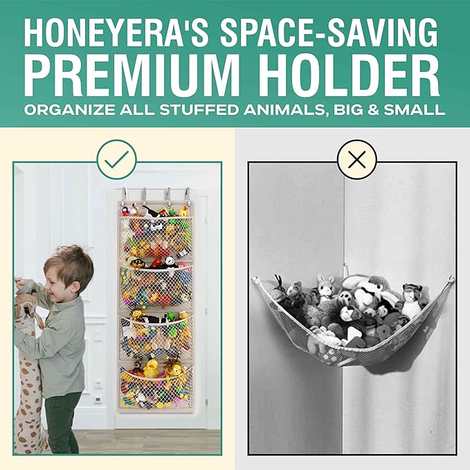 Honeyera The Original Stuffed Animal Storage (Patented) - Over Door Organizer for Stuffies, Baby Ideas Holder, Toy Plush Hammock Hanging Net Big Girls Toddler Large Bag Animals Stuffy Behind