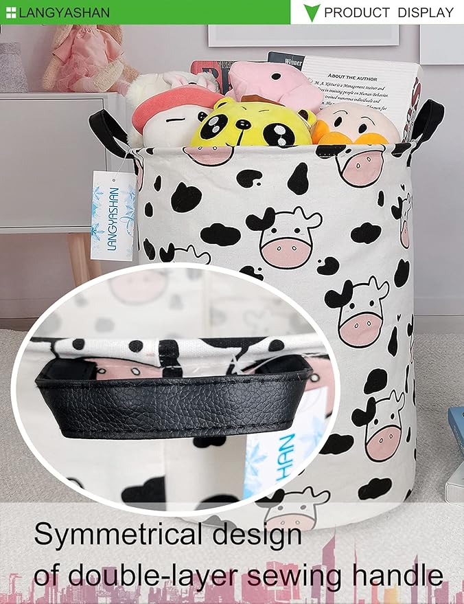 LANGYASHAN Storage Bin, Canvas Fabric Collapsible Organizer Basket for Laundry Hamper,Toy Bins,Gift Baskets, Bedroom, Clothes,Baby Nursery (Spotted Cow)