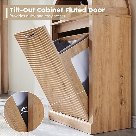 Arched Tilt-Out Trash Can Cabinet, Fluted 10 Gallon Trash Can with Open Shelf, Modern Laundry Hamper Cabinet, Hidden Garbage Can with Storage Basket for Kitchen, Living Room, Narural
