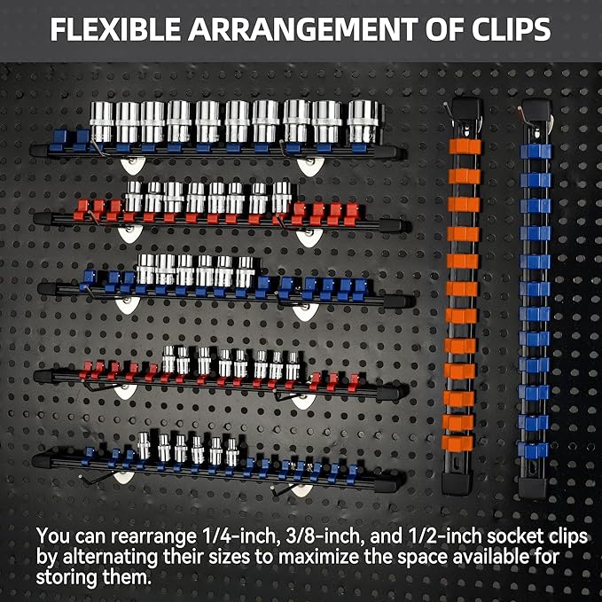 Socket Organizer Drive ABS Tools - Orange Socket Holder, Premium Quality 9 Pieces Socket Holders Kit 1/4-Inch x 48 Clips, 3/8-Inch x 45 Clips, 1/2-Inch x 36 Clips（9PC,Orange)