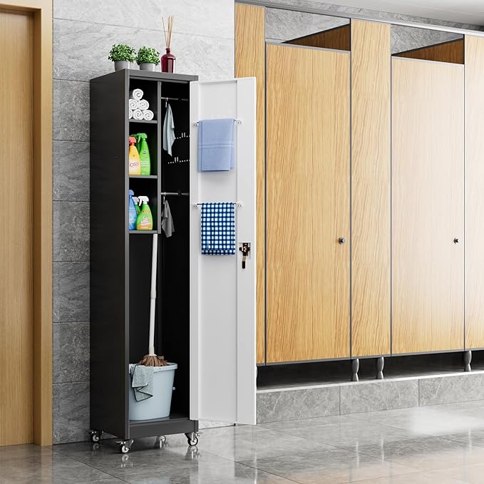 72''H Metal Broom Closet Storage Cabinet with Wheels & Pegboards, Mops Broom Closet Organizer with Locking Door & Hanging Rod,Cleaning Tool Garage Cabinet,Assembly Required,Black Gray