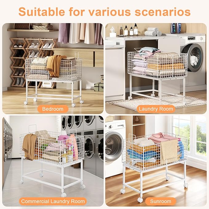 Large Rolling Laundry Basket Cart,Wire Laundry Hamper Cart with Handle and Wheels,White High Laundry Hamper for Laundry Room,Bedroom and Bathroom-120L White (29.5" L*19.7" W*27.95" H inch)