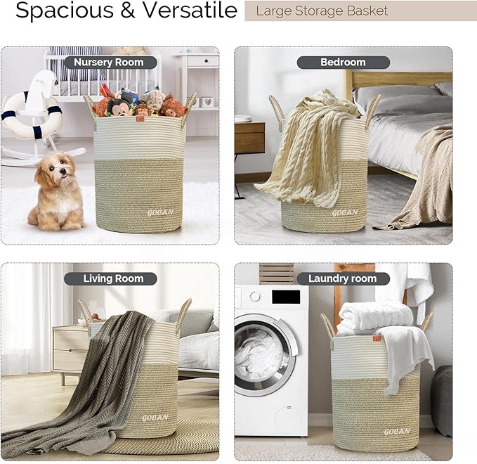 large tall sturdier Laundry Hamper Basket Woven Storage Baskets for clothes Pillows Blanket Toy in living or bed room decoration H50XD38cm borwn/beige