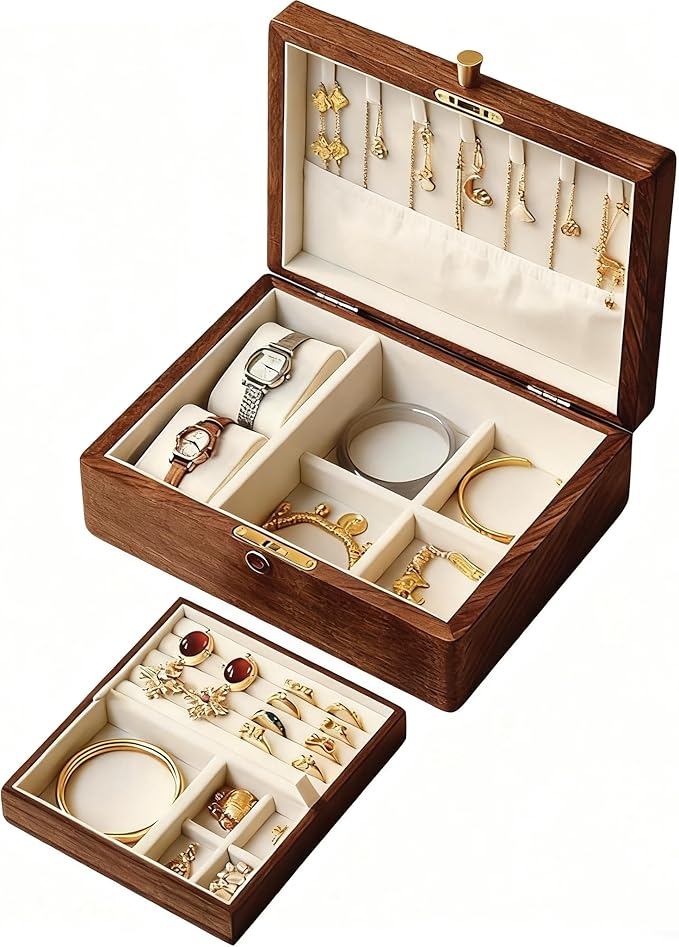 Bescott 2 Layer Solid Black Walnut Wooden Jewelry Box with Lock and Key for Women Wood Vintage Organizer for Men Earrings Rings Necklaces Bracelet Watch Storage Mother's Day Gift