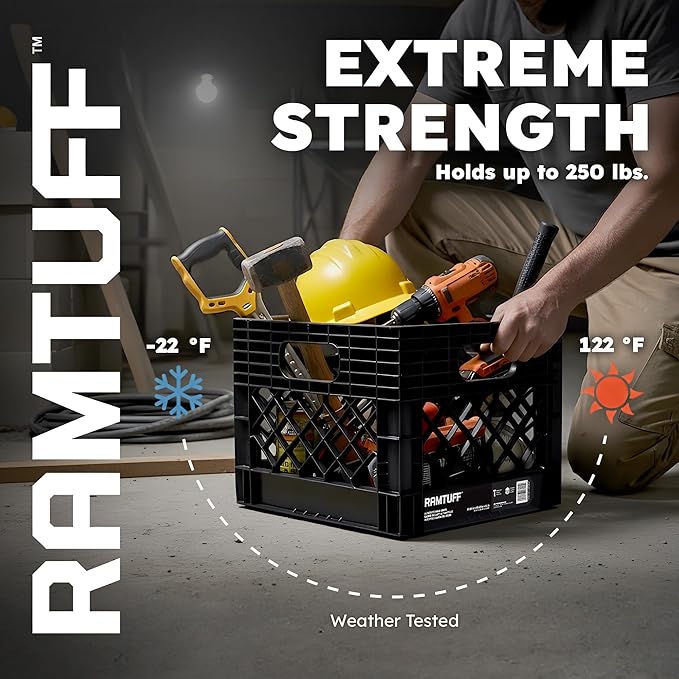 Ramtuff 2 Pack Storage Milk Crate, Durable Plastic Home Organizers, Stackable Box Set with Reinforced Handles, 250 lb Load Capacity, Black