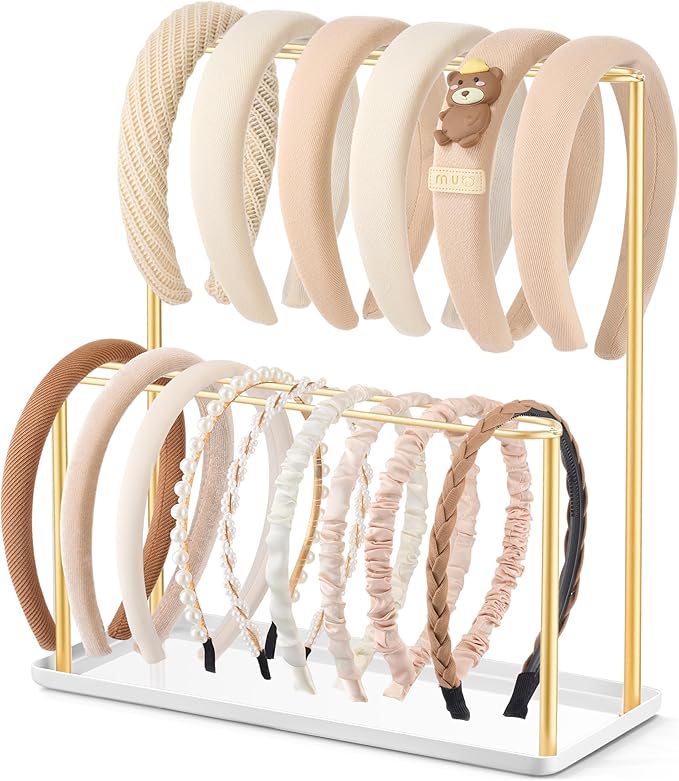 pickpiff Headband Holder Organizer Metal 2-Tier with Tray: Hair Accessories Display Stand Storage, Purse Charms Key Rings Rack Necklace Stand Home Bedroom for Girls Women, Gold