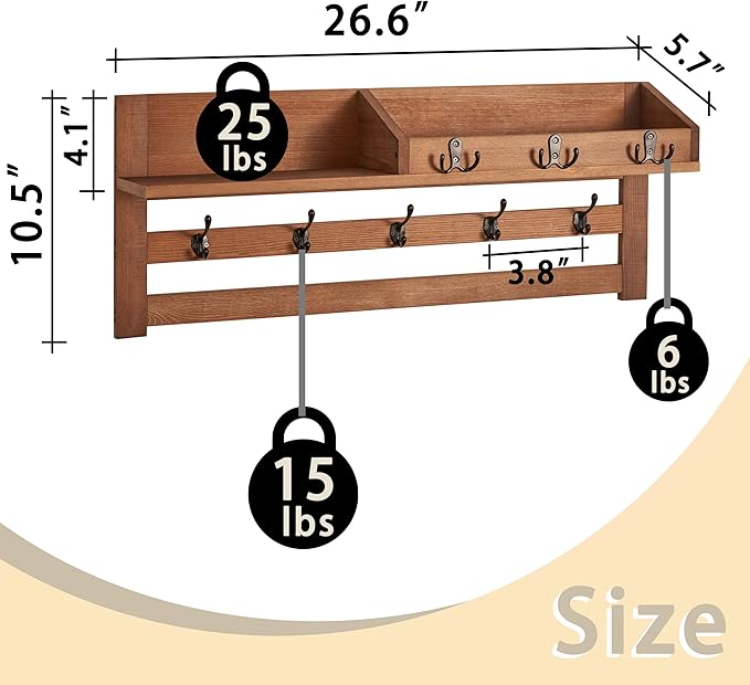 Coat Rack Wall Mount with Hooks & Shelf - Wooden Entryway Organizer for Hanging Coats, Keys, Hangers - Space Saving Durable Wood Holder for Hallway, Bedroom, Office-The Essential Model