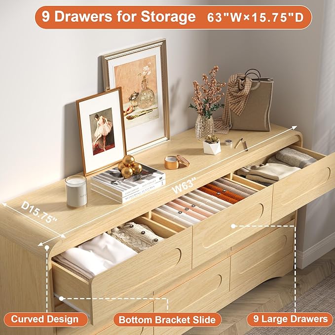 Dresser for Bedroom with 9 Drawers, 63" Large Modern Dressers & Chest of Drawers with Curved Profile Design, Wood Closet Clothes Storage Long Dressers Organizer for Bedroom Living Room Hallway, Oak