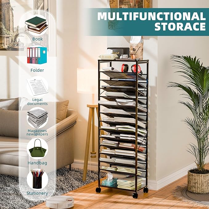 15 Tier Rolling File Cart, Sturdy and Durable Desk File Organizer with Metal Mesh Letter Tray, Heavy-duty Rolling Clutter Cart for Office, Home, School, Black