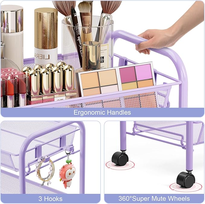 TOOLF 3-Tier Metal Rolling Cart, Mesh Wire Easy Assemble Utility Cart, Storage Trolley on Wheels with 3 Hooks, MetalStorage Shelving Units for Kitchen Bathroom Laundry Room