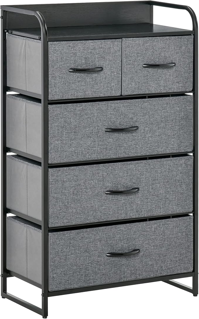 HOMCOM 5-Drawer Fabric Dresser Tower, 4-Tier Storage Organizer with Steel Frame for Hallway, Bedroom and Closet, Grey