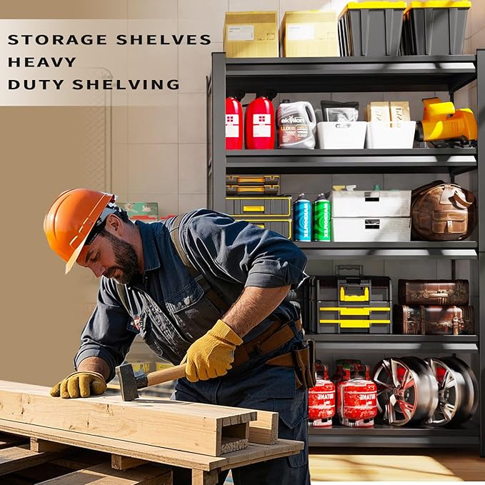 72" H/59 W Garage Shelving Heavy Duty Storage Shelves Adjustable Garage Shelves 5 Tier Metal Shelving Unit Utility Rack Shelf for Kitchen Warehouse Pantry Storage, Black, 72" H x 59" W x 20" D
