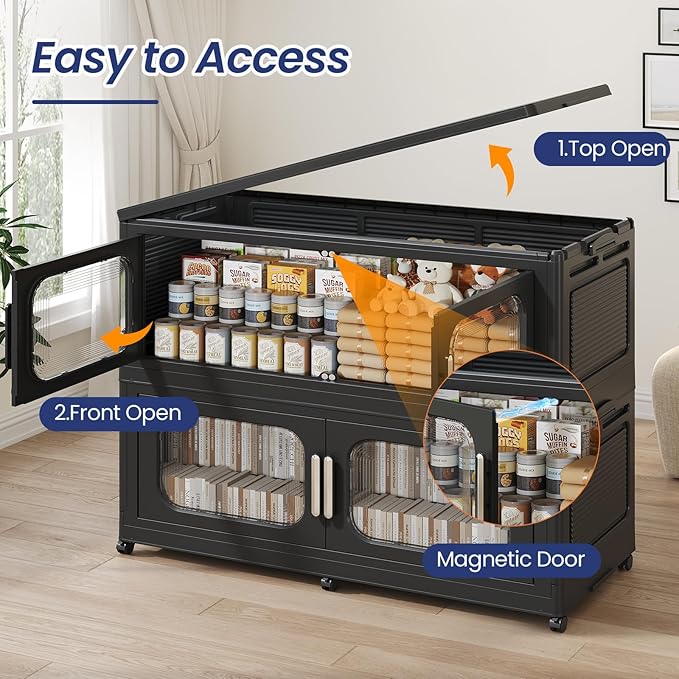 200 Gallon Extra Large Storage Bin with Lid and Wheels, Stackable Collapsible Plastic Storage Box with Door, Foldable Organizer for Closet, Kitchen, Office, Living Room, 4 Pack Black