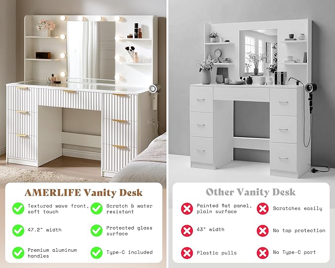 AMERLIFE 47.2" Fluted Vanity Desk with Mirror and Adjustable LED Lights, Large 7 Drawers Makeup Table with Glass Top and Charging Station for Women and Girls, Bedroom or Dorm, White