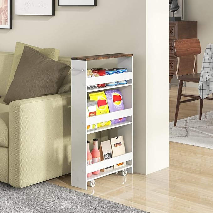Small Kitchen Cart, 4-Tier Slim Rolling Island w/Handle, Laundry Room Storage Organizers Between Washer and Dryer, Narrow Spice Rack on Wheels Next to Fridge (White & Rustic Brown, 5'')