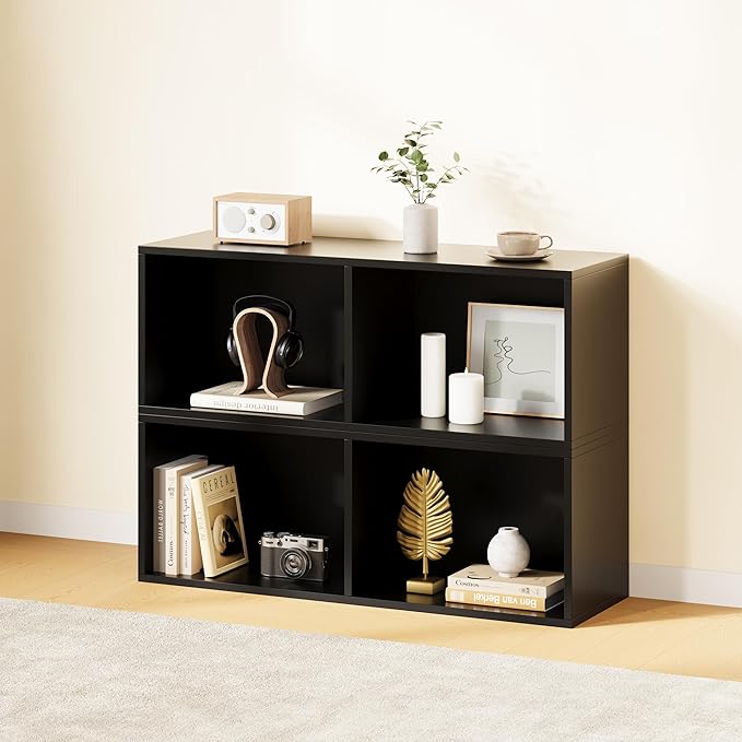 IOTXY DIY Modular Cube Bookcase - CubeXY Customizable Stackable Expandable Basic Shelving Units, 2-Cube Wooden Open Bookshelf for Miscellaneous Storage Organizer, Black