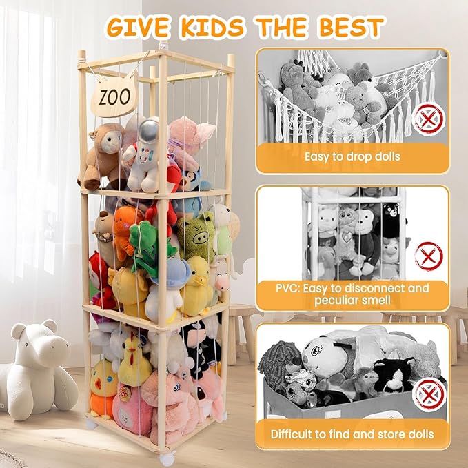 Stuffed Animal Storage, Wood Stuffed Animal Zoo Storage, Space Save Stuffed Animal Holder, Plush Toy Storage Organizer with Brake Wheels for Bedroom Playroom Nursery Bedroom