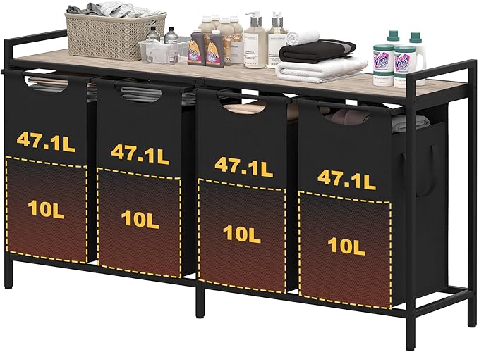 Heybly Laundry Hampers, 4 x 12.5 Gal Laundry Basket with Large Desktop Sorter for Laundry Room organization, Bathroom and Dorm Laundry Bags on Storage Shelf, Greige HLH004SG
