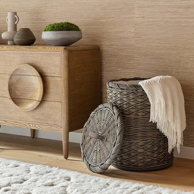 The Basket Lady Round Wicker Laundry Hamper, Extra Large, 23 in Dia x 28 in H, Antique Walnut Brown
