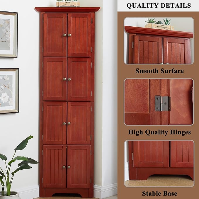 72" H Farmhouse Corner Storage Cabinet with 8 Doors & 4 Shelves, 4 Tier Kitchen Corner Pantry Cabinet Wooden Organizer Case Bookshelf, Home Space Saver Cabinet for Kitchen,Living Room(Cherry)