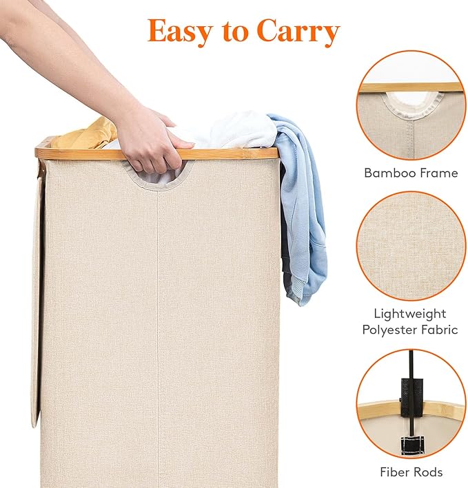 Lifewit 120L Large Laundry Hamper with Lid, Foldable 2 Section Laundry Basket with Bamboo Handles and Removable Bags for Laundry Room, Bathroom, Bedroom, Beige